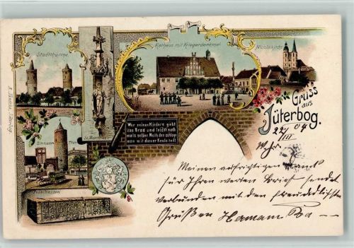Jüterbog 1904 Stadttürme Zinnaer-Tor Tezelkasten S, Mauritius Rathaus mit Kriegerdenkmal Nicolaikirche