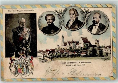 87727 W8943 Babenhausen , Schwab Gebrauchsspuren Fugger-Centenarfeier 1903 r Portraits der Fürsten Fugger Wappen E. Felle-Isny