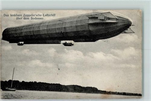 Zeppelinsche Luftschiff über dem Bodensee AK Zeppelin 1909 Gebrauchsspuren