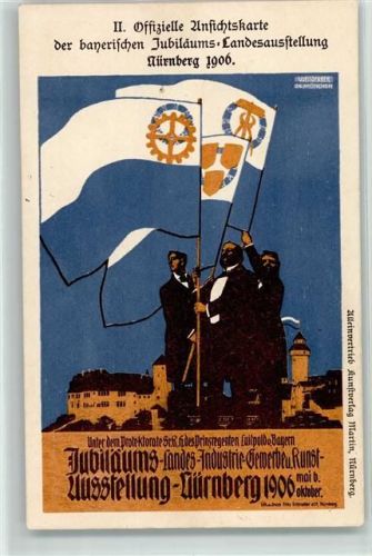 Nürnberg II. Offizielle Postkarte der bayerischen Jubilums-Landesausstellung 1906 Fahnen