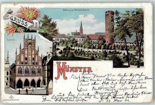Münster 1904 Rathaus Kreuzschanze Aussichtsturm Lithographie