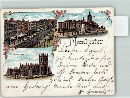 Manchester 1898 Market Streer The Infirmary The Cathedra Lithographie
