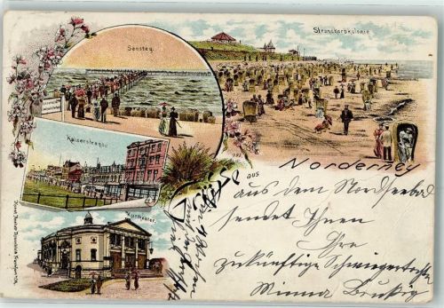 26548 W2982 Norderney 1899 Gebrauchsspuren Seesteg Kaiserstraße Kurtheater Strandkorbkolonie Blumen Gruss Lithographie