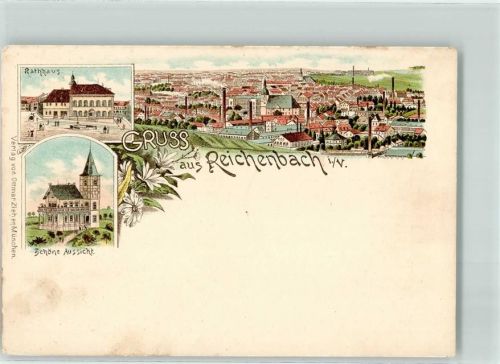 08468 O9800 Reichenbach , Vogtl Lithographie Rathaus Gasthaus Schöne Aussicht Aussichtsturm Verlag Ottmar Zieher München