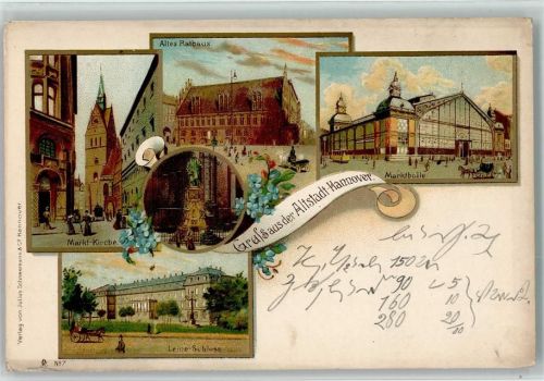 30159 W3000 Hannover Lithographie Altstadt Markt-Kirche Altes Rathaus Markthalle Leine-Schloss Denkmal Mehrfachaufnahme