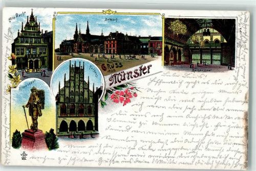 48143 W4400 Münster , Westf 1899 Lithographie Alte Wache Bahnhof Rathaussaal Kiepenkahl Rathaus