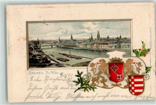 Bremen 1903 die Weser Schiff Wappen Lithographie