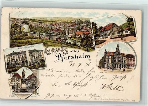 Pforzheim Gruss aus - Kriegerdenkmal, Kunstschule, Seehaus , Rathaus - 1698 Rosenblatt Kunstanstalt