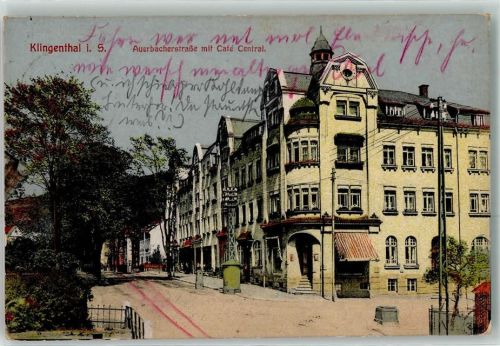 Klingenthal 1917 Auerbacherstraße mit Gasthaus Cafe Central