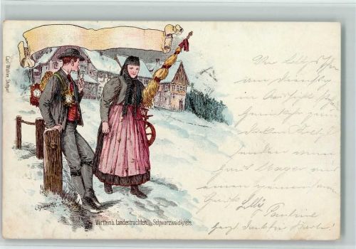 1901 Württ. Landestrachten - Uhrenverkäufer und Spinnerin - Berufe