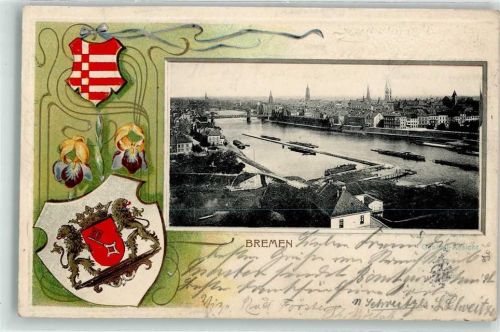 Bremen 1906 die Weser Schiff Wappen Lithographie