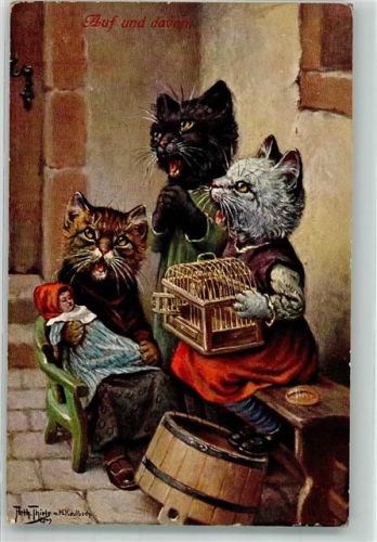 1910 Katzenfamilie mit Puppe trauert um entflogenen Vogel Tiere vermenschlicht T.S.N. Serie 915