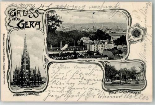 07545 O6500 Gera 1902 - Kirche Johannis Fürstl. Küchengarten Bahnpost Leipzig-Saalfeld Zug 376