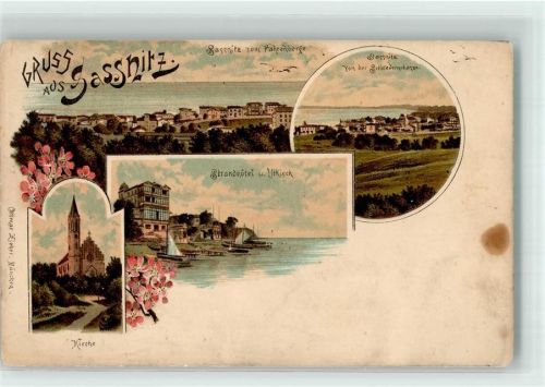 Sassnitz Strandhotel Schwedenschanze St. Johannis-Kirche Verlag Ottmar Zieher-München Lithographie