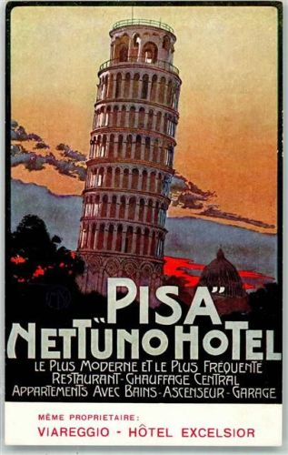 56100 Pisa Lithographie Schiefer Turm Werbung Nettuno Hotel
