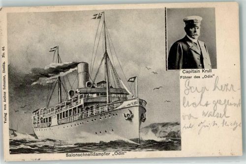 Stettin 1907 Salondampfer Odin + Kapitän Krull Stempel : Ostseenothafen bei Swinemünde