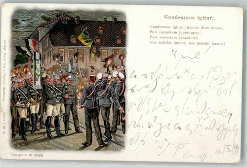 1899 sign. Arnault Kolorierte schlagende Studenten mit Fackeln und Fahnen Schwarz-Weiß-Rot Verlag Gebr. Franck Serie I No. 10