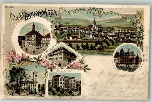 Bischofswerda 1900 Rathaus Postamt Schule Lithographie