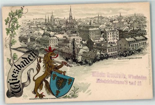 Wiesbaden 1899 Blick von der Capellenstraße Wappen Löwe Eiche
