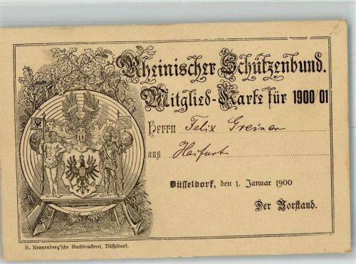 Haßfurt Rheinischer Schützenbund Mitgliedskarte 1900/01