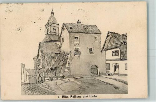 Heidingsfeld Altes Rathaus und Kirche sign B. Hanftmann Alt-Heidingsfeld Nr. 1