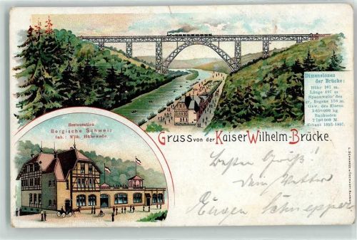 42853 W5630 Remscheid 1901 Gebrauchsspuren Kaiser Wilhelm-Brücke Wupper Gasthaus Bergische Schweiz Lithographie