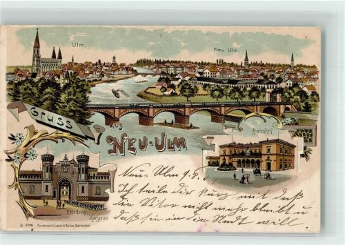 89231 W7910 Neu-Ulm 1904 Gebrauchsspuren Bahnhof Friedens-Kaserne Donaubrücke Lithographie