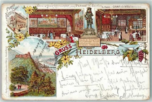 Heidelberg 1909 Perkeo Hotel Garni Wein- und Bier-Restaurant Schloss Neckar