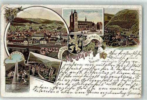 67433 W6730 Neustadt an der Weinstraße 1897 Gebrauchsspuren Ev. Kirche Neustadter-Tal Bahnhof Wolfsburg Königsmühle Wasserfontaine Lithographie