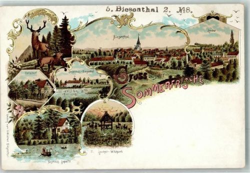 16359 O1296 Biesenthal b Bernau b Berlin Gebrauchsspuren Schloß Biesenthal Forsthaus Liepnitz Hirsche Litho