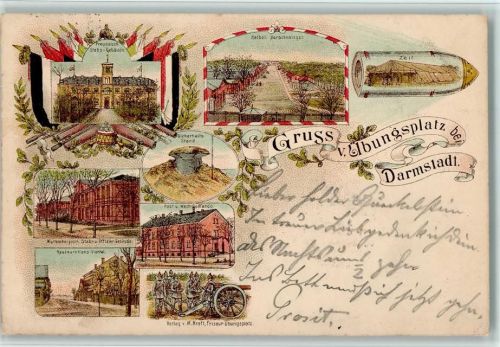W6100 Darmstadt Gruss aus - Übungsplatz Kaserne 1896 Lithographie