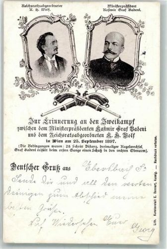 Wien Zweikampf Duell Ministerpräsident Graf Badeni Reichsratsabgeordneter Wolf 25. September 1897