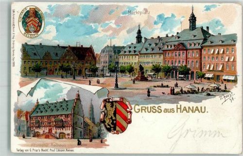 Hanau 1899 sign Joost R. Marktplatz Altstädter Rathaus Lithographie Wappen