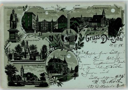 Dessau 1898 Kl. Markt Rathaus St. Johanniskirche Kaiser Wilhelm-Denkmal Herzogl. Residenzschloß Mondschein