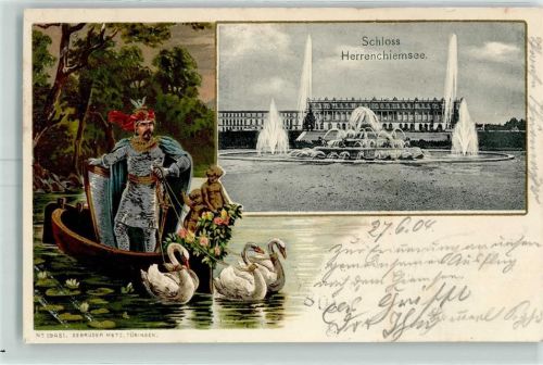 Herrenchiemsee 1904 im Schwanenboot Schloß Herrenchiemsee Verlag Metz 19484 AK