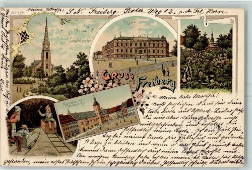Freiberg 1897 Jakobikirche Post Partie in der Königsallee Rathaus mit Obermarkt Zwerge Bergbau