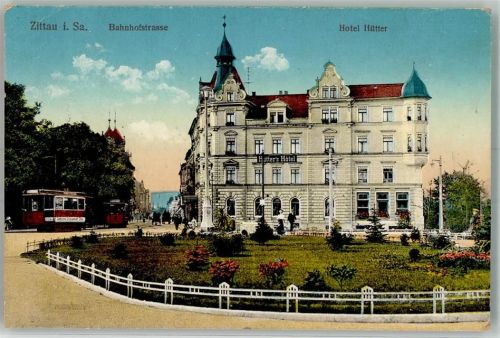Zittau 1917 Bahnhofstraße Hotel Hütter Straßenbahn