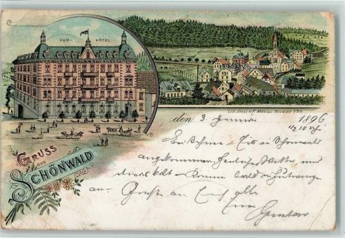 78141 W7741 Schönwald im Schwarzwald 1896 Gebrauchsspuren Gruss aus - Litho, Kur Hotel, 2 Eckknicke