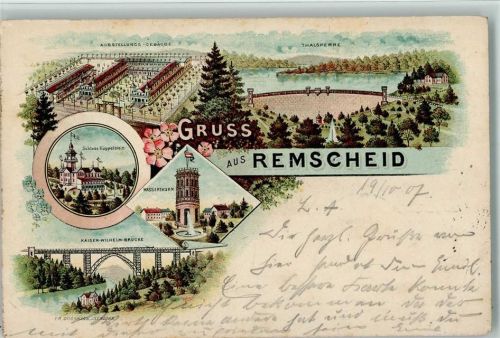 42853 W5630 Remscheid 1907 Lithographie Wasserturm, Brücke, Schloß, Talsperre AK