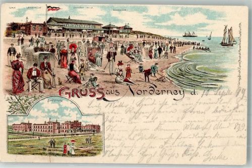 Norderney 1899 Lithographie Seehospiz Lesehalle Victoria Halle