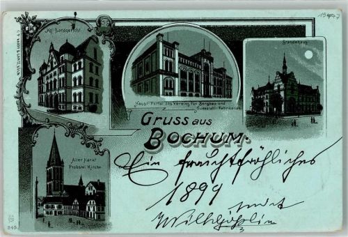 Bochum 1899 Gericht Fabrik Bergbau und Gussstahl Porbstei Kirche Mondschein
