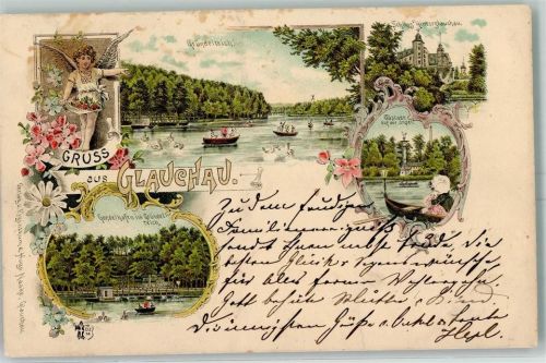 08371 O9610 Glauchau Lithographie Engel Gründelteich Schloss Hinterglauchau Cascade auf der Insel Gondelhafen