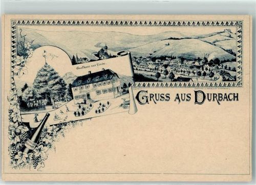 77770 W7601 Durbach 1890 Gebrauchsspuren Gasthaus zur Linde Weinflasche Durbacher Clevner signiert 1890 Vorläufer Lithographie