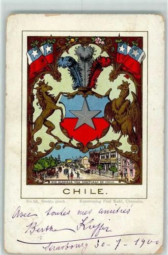 Santiago 1900 Lithographie die Alameda Wappen Fahne