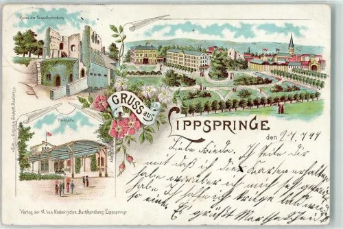 33175 W4792 Bad Lippspringe 1899 Lithographie Ruine der Tempelherrenburg Trinkhalle