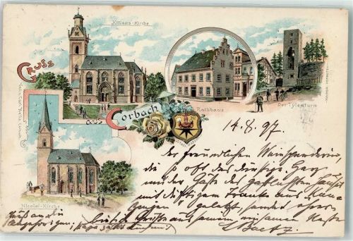 Korbach 1897 Kilians-Kirche Rathaus Tylenturm Nicolaikirche Wappen