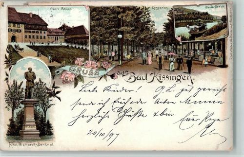 Bad Kissingen 1897 586 Kunstanstalt Blümlein - Gruss aus - Bismarck Denkmal, Obere Saline, Kurgarten