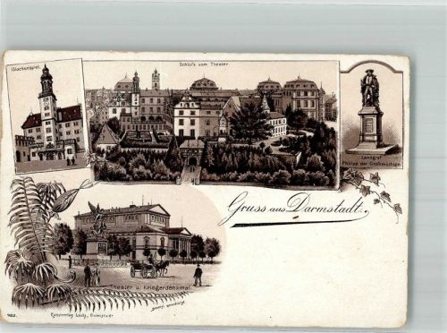 64283 W6100 Darmstadt Lithographie Vorläufer Druck 1890-1895 Schloss Glockenspiel Theater Kriegerdenkmal Denkmal Landgraf der Großmütige