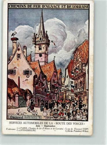 Obernai 1933 Kappelturm Storchennest Prozession Elsässische und Lothringische Eisenbahn Künstlerkarte