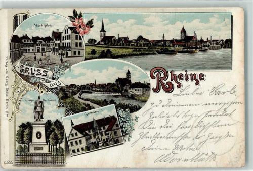 48429 W4440 Rheine 1899 Gebrauchsspuren Marktplatz Kriegerdenkmal Gymnasium Lithographie